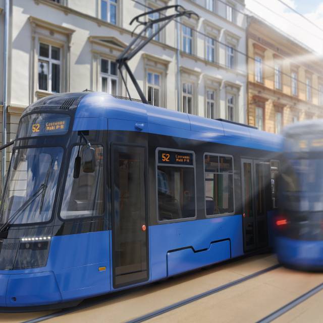 Wizualizacja tramwaju Twisty 3.0 jadącego na linii 52