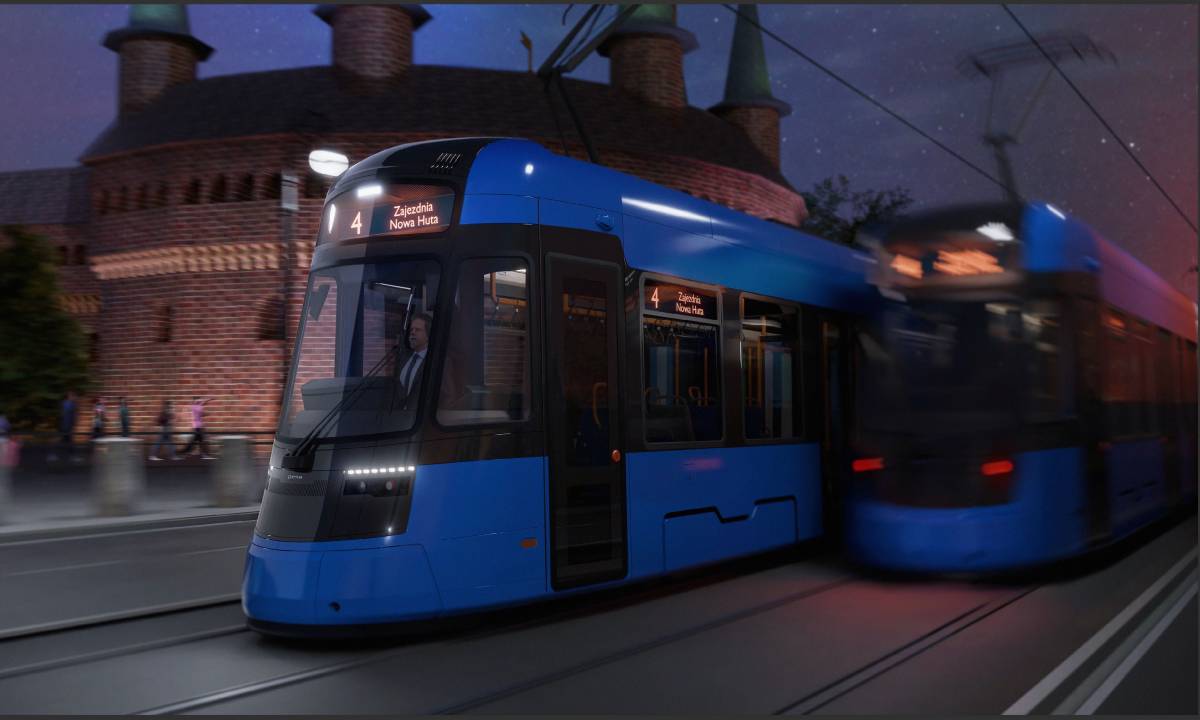 Wizualizacja tramwaju Twisty 3.0 jadącego na linii 4 nocą, w tle Barbakan