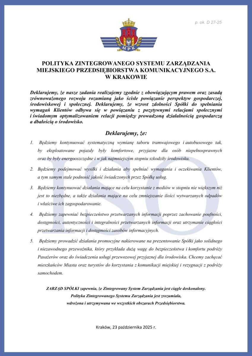 Polityka Zintegrowanego Systemu Zarządzania Miejskiego Przedsiębiorstwa Komunikacyjnego S.A. w Krakowie